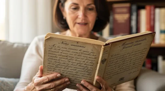 Lectrice découvrant un fac-similé de manuscrit d'écrivain dans un salon lumineux
