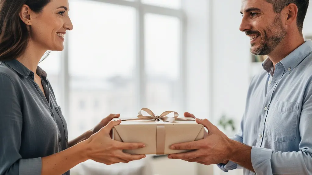 Moment d'échange d'un cadeau manuscrit élégamment emballé entre deux personnes