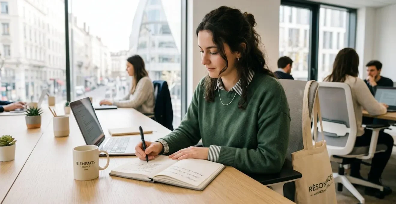 Bureau moderne avec objets publicitaires personnalisés sélectionnés : carnet ouvert, stylo gravé, mug écoresponsable et sac textile de qualité disposés naturellement dans un environnement professionnel contemporain