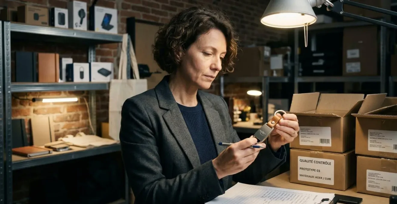 Responsable communication vérifiant la qualité et durabilité d'objets publicitaires dans un espace de contrôle professionnel avec éclairage focalisé