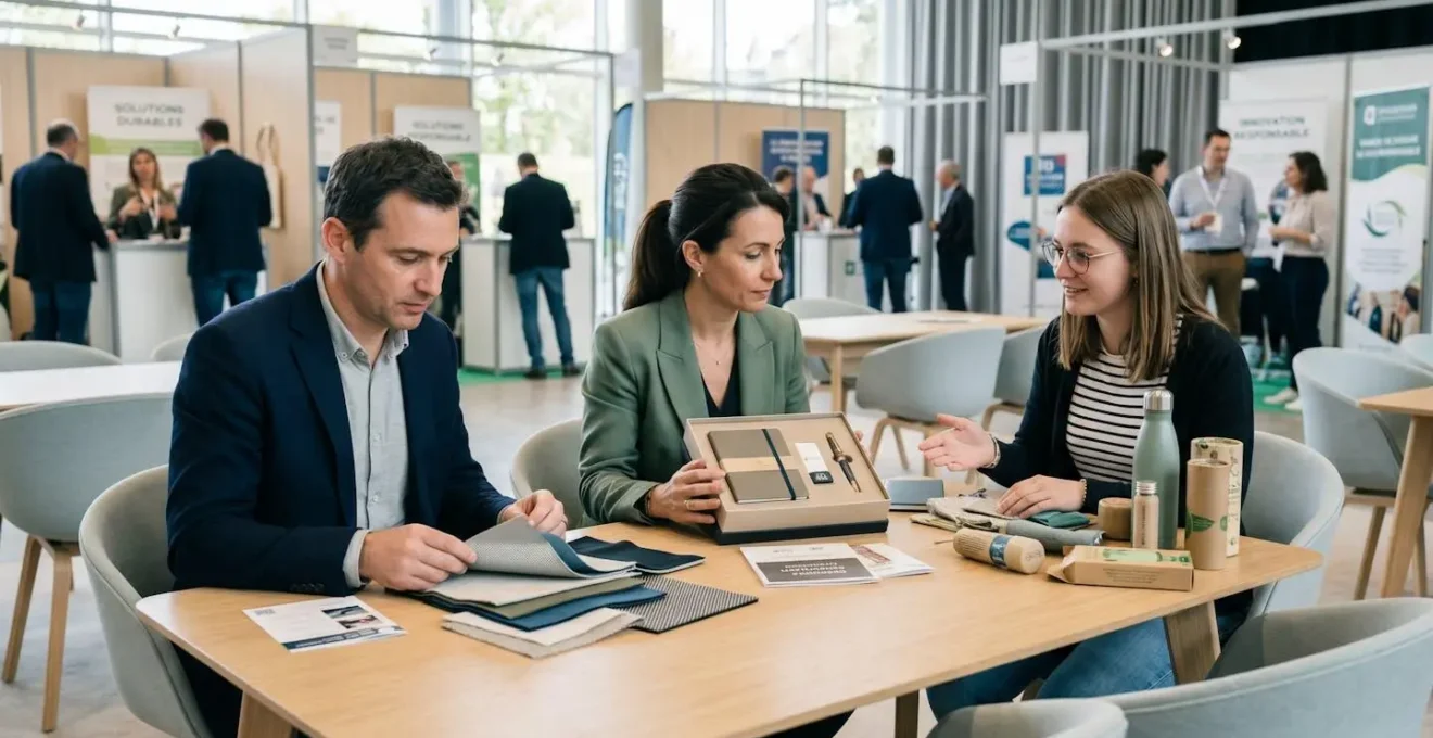 Table de réunion lors d'un salon professionnel avec représentants de trois secteurs examinant des objets publicitaires adaptés à leurs stratégies respectives
